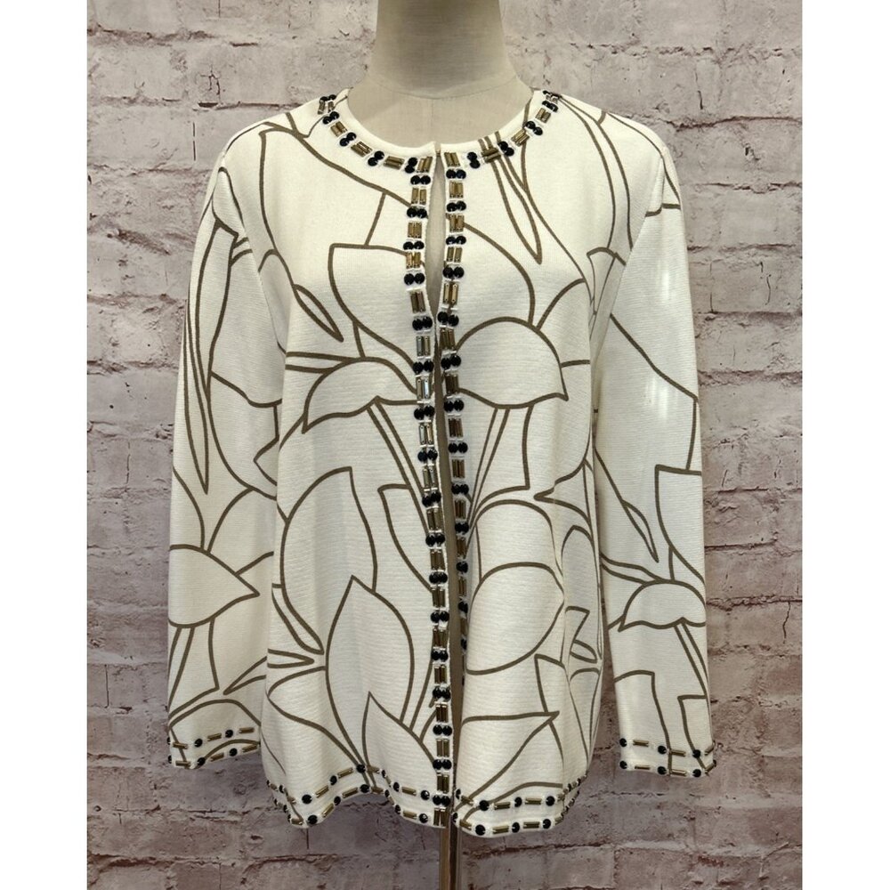 Kasper Jacket Blazer Womens Size L Ivory Brown Embellished Beaded Sweater Knit